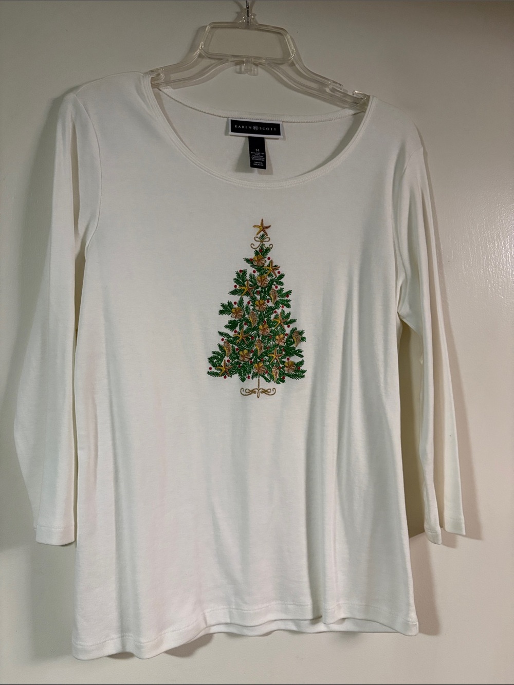 Karen Scott White Long-Sleeve Embroidered Christmas Tree Tee